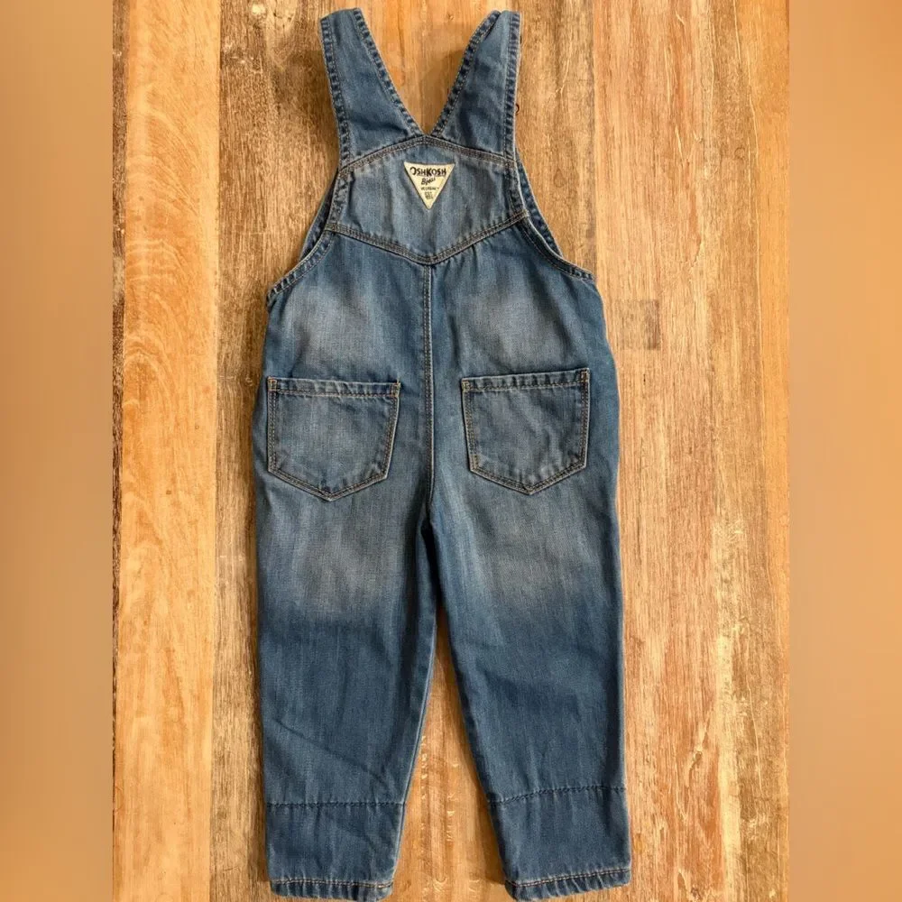 OshKosh B'gosh Blue Denim Overalls with Floral Trim, Size 2T